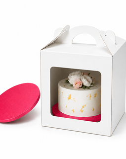 Tortenbox 33×33×35 cm mit Griff & Sichtfenster + Rote Tortenplatte Ø32 cm (12 mm) – Set