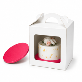Tortenbox 33×33×35 cm mit Griff & Sichtfenster + Rote Tortenplatte Ø32 cm (12 mm) – Set