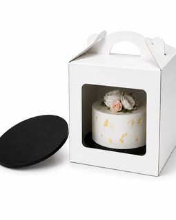 Tortenbox 28×28×30 cm mit Griff & Sichtfenster + Schwarze Tortenplatte Ø28 cm (12 mm) – Set
