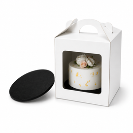 Tortenbox 33×33×35 cm mit Griff + Schwarze Tortenplatte Ø32 cm (12 mm) – Set
