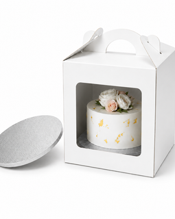 Tortenbox 28×28×30 cm mit Griff & Sichtfenster + Silberne Tortenplatte Ø28 cm (12 mm) – Set