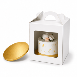 Tortenbox 33×33×35 cm mit Griff + Goldene Tortenplatte Ø32 cm (12 mm) – Set