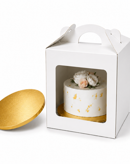 Tortenbox 28×28×30 cm mit Griff & Sichtfenster + Goldene Tortenplatte Ø28 cm (12 mm) – Set