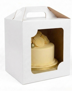Boîte à gâteau blanche 25x25x30 cm avec poignée et présentoir