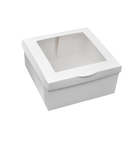 Weiße Boxen mit transparentem Kunststoffdisplay 14x18x10 cm.